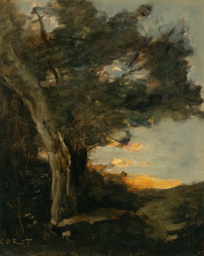 雌ライオンとの夕日 作： Jean Baptiste Camille Corot